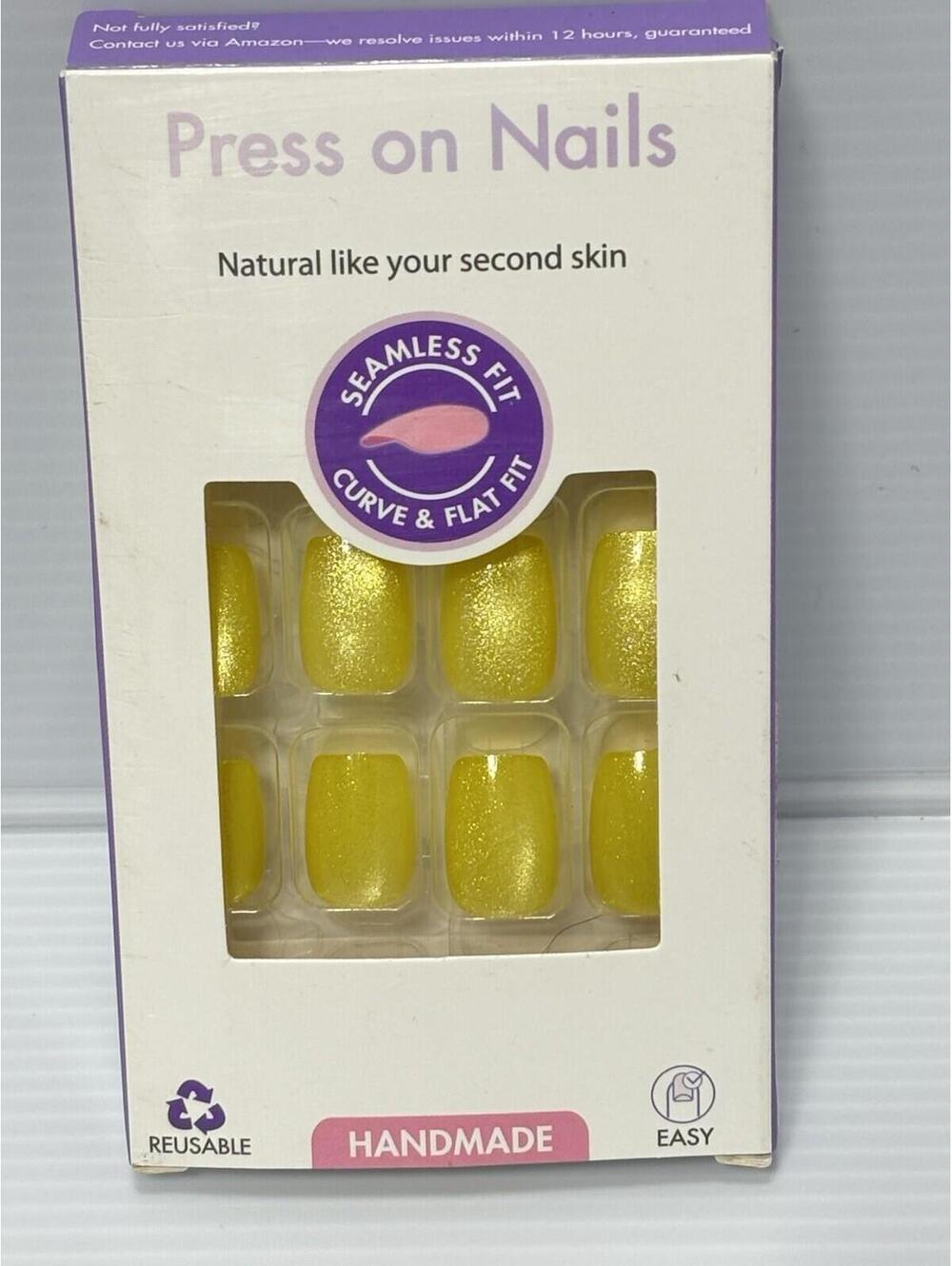 Seamless Fit Press On Nails Yellow Solid Color Full Cover False Fake Nail Set - Picture 1 of 4